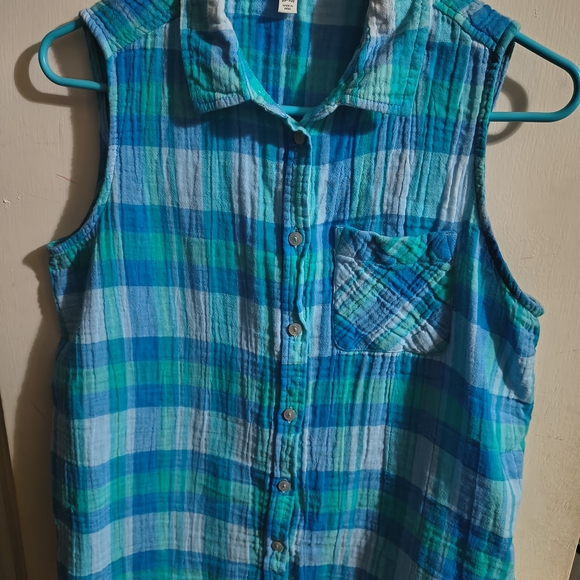 Time and Tru Turquoise and Teal Plaid Top - Picture 1 of 3